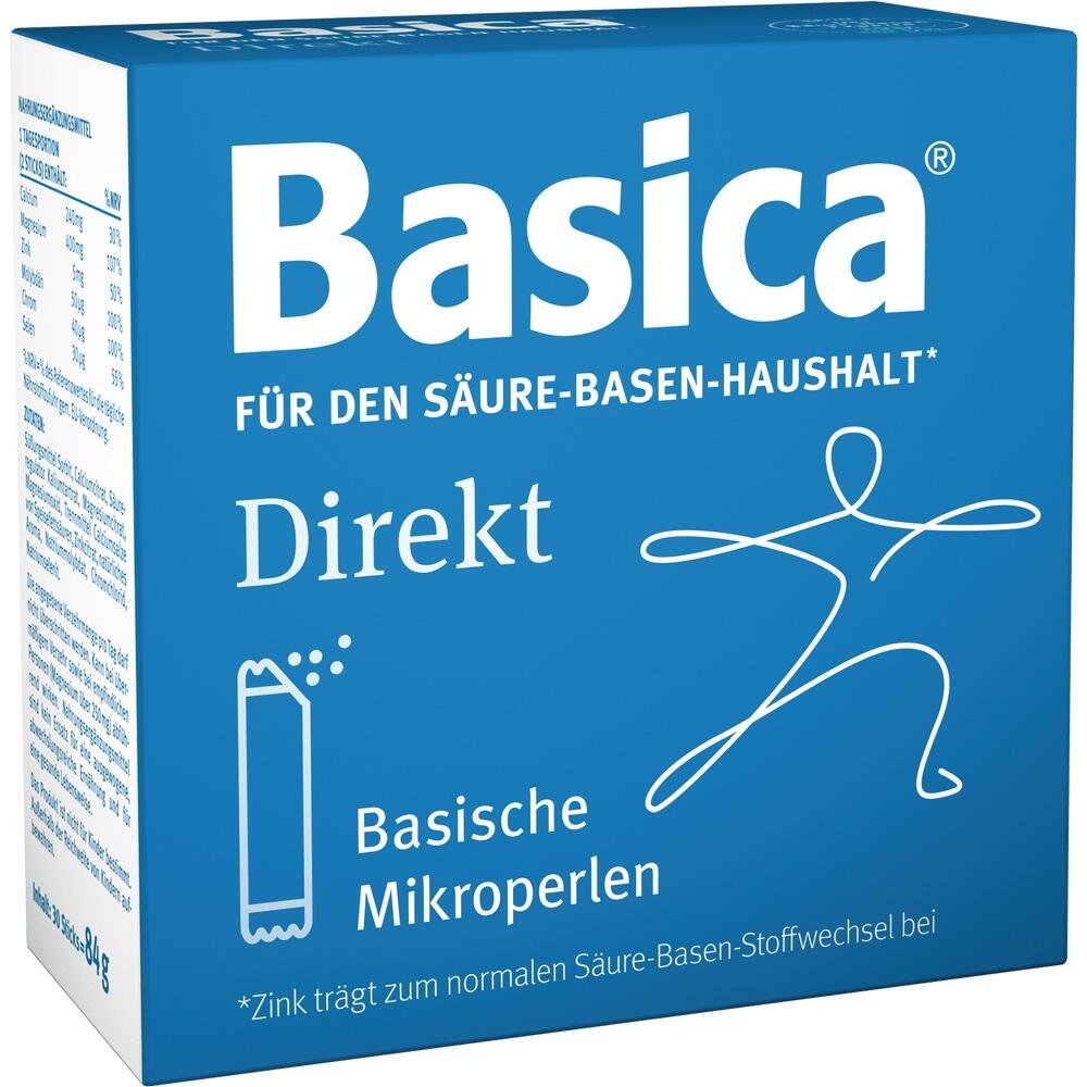 Blaue Packung mit der Aufschrift "Basica Direkt, basische Mikroperlen".