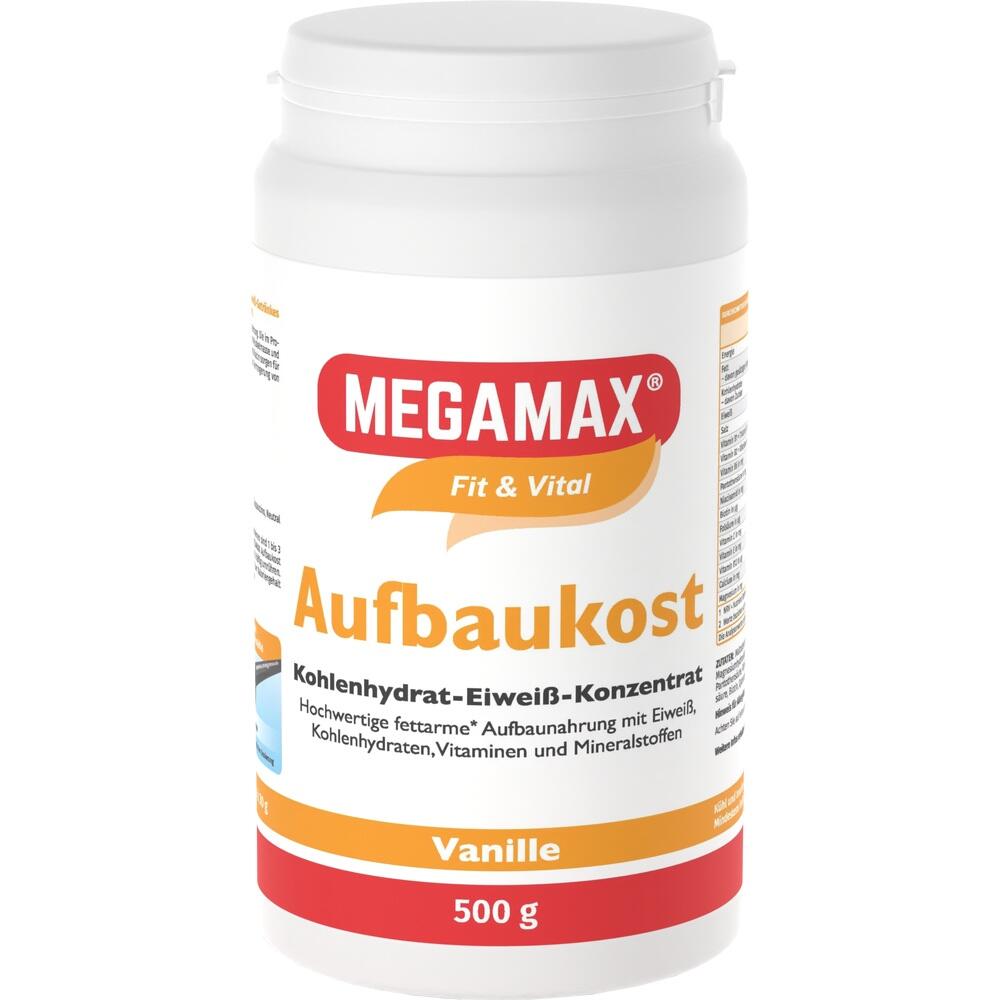 Eine wei&szlig;e Dose Megamax Aufbaunahrung mit Vanillegeschmack.
