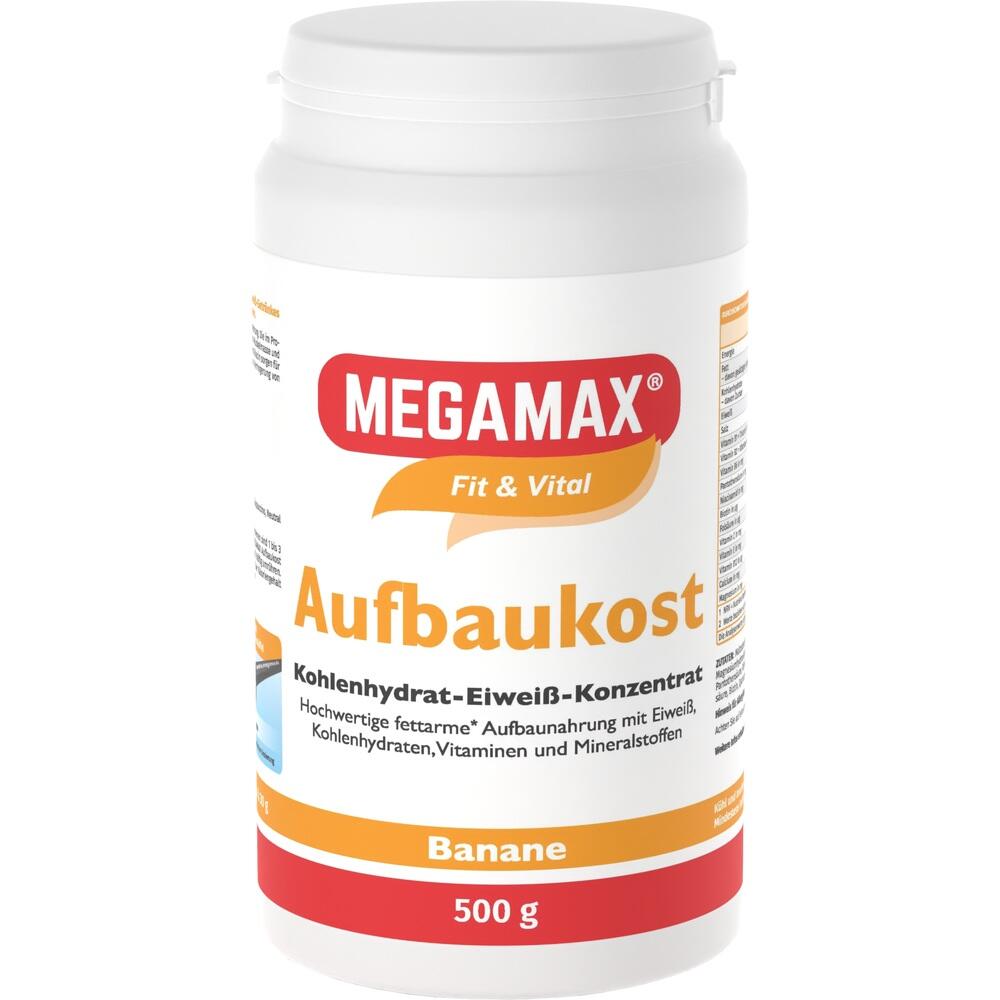 Eine wei&szlig;e Dose mit der Aufschrift "MEGAMAX Aufbaukost Banane" und 500 g Inhalt.