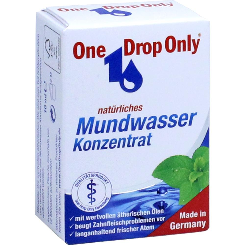 Schachtel für natürliches Mundwasserkonzentrat mit Minzblatt und blauem Wasser.