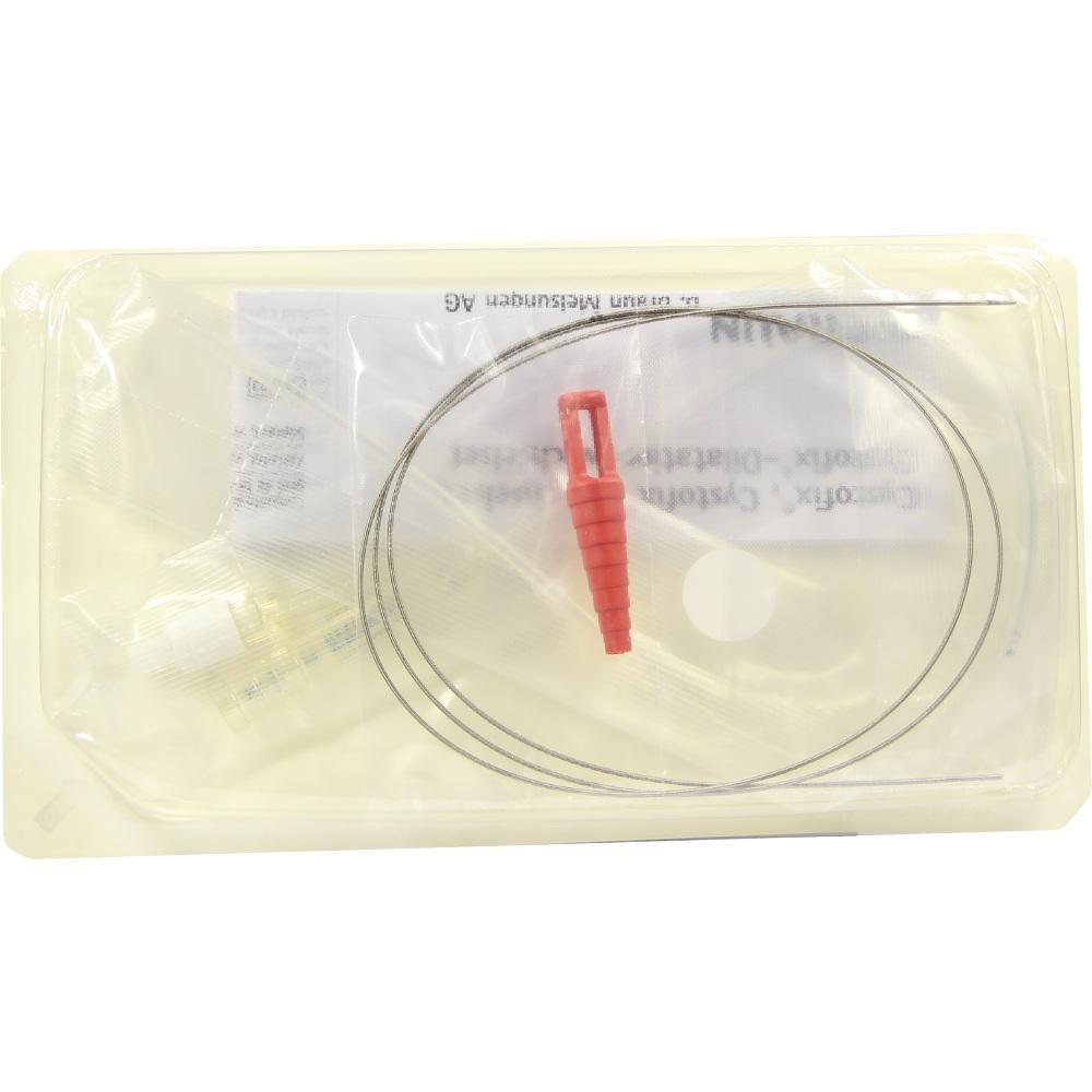 Ein medizinisches Set mit Draht und rotem Kunststoffteil in einer Plastikverpackung.