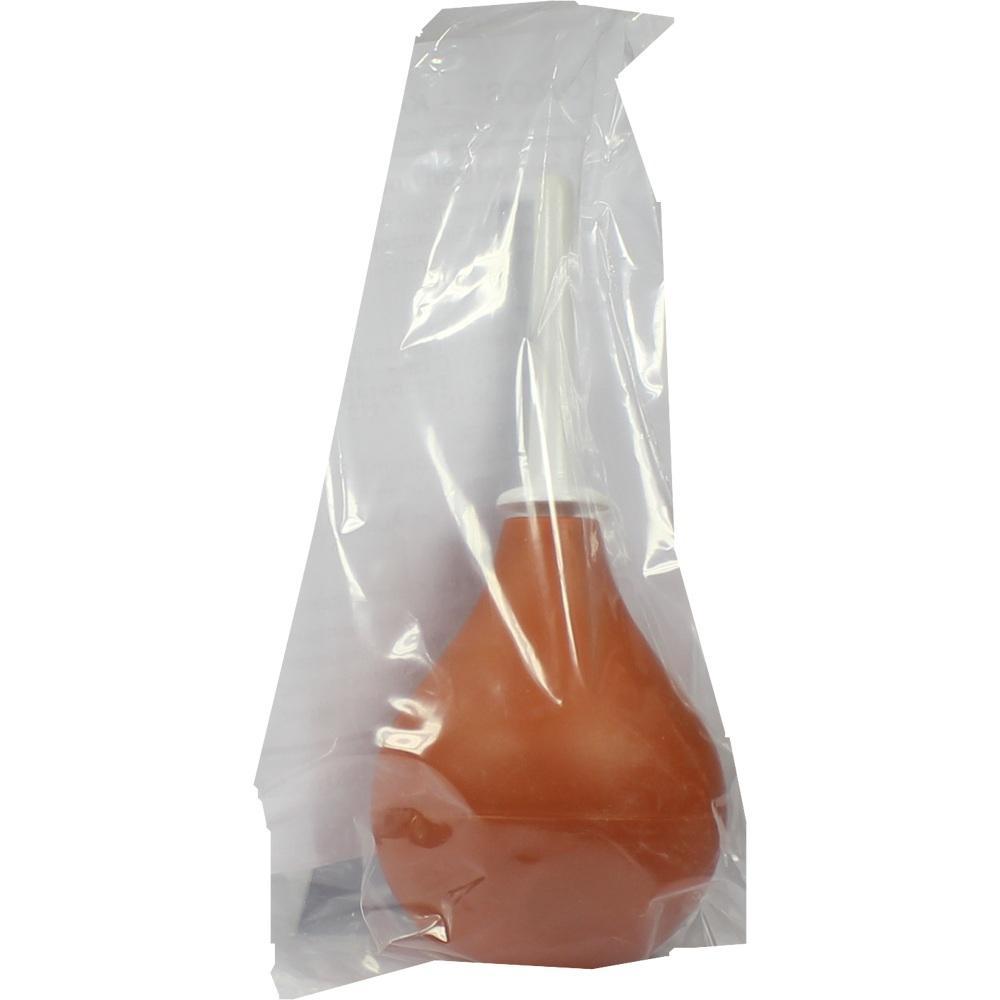 Eine braune Gummiball-Spritze in einer durchsichtigen Plastikverpackung.