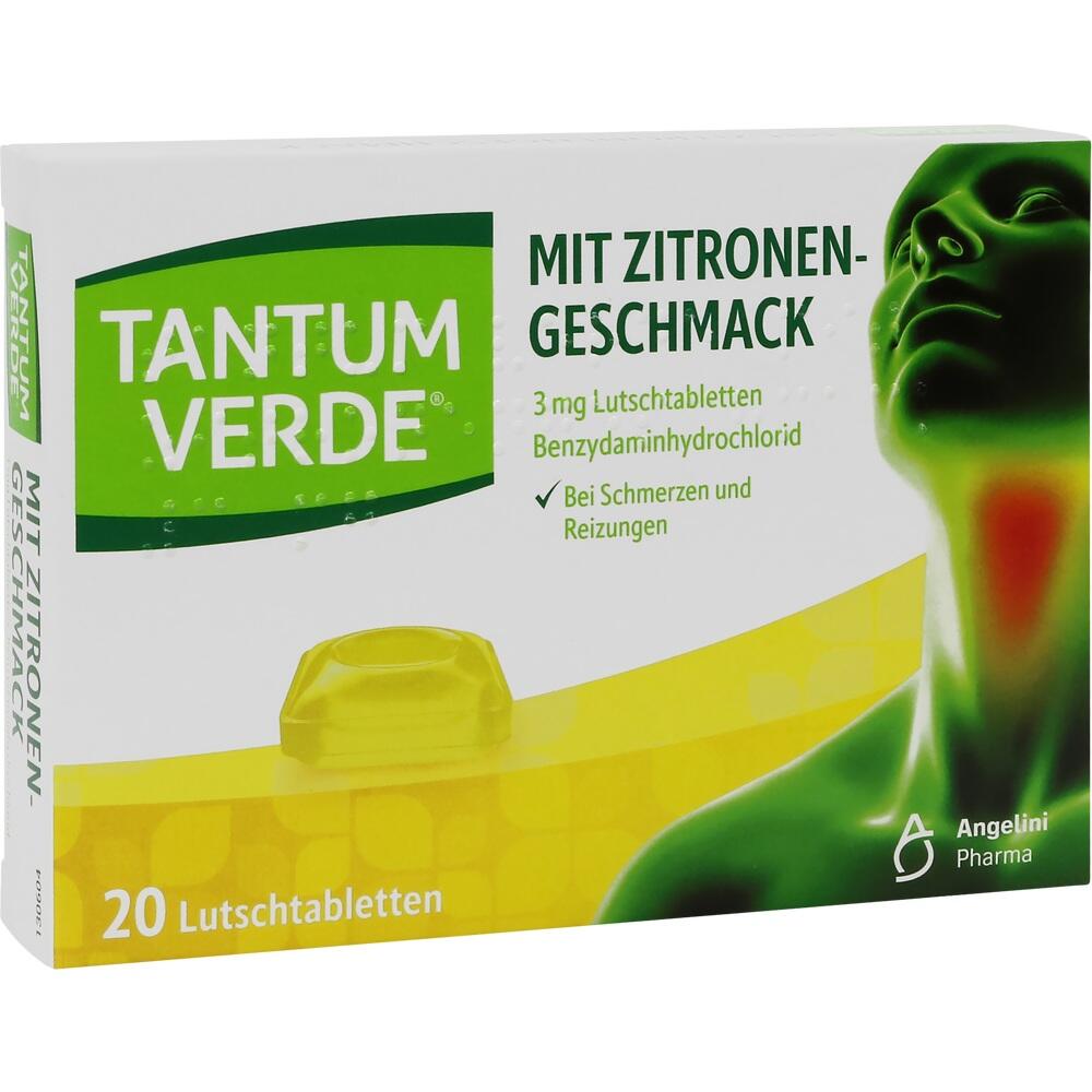 Packung Tantum Verde Lutschtabletten mit Zitronengeschmack gegen Schmerzen im Hals.