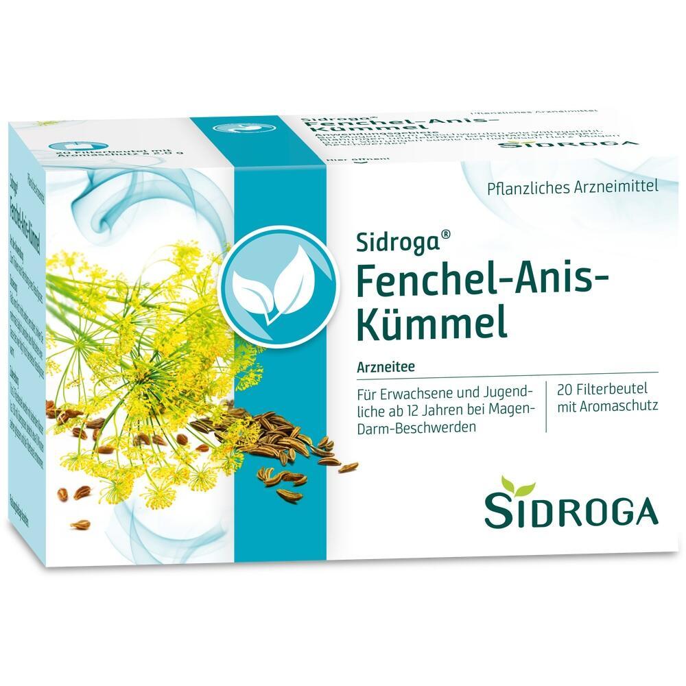 Packung Sidroga Fenchel-Anis-K&uuml;mmel Tee f&uuml;r Magen-Darm-Beschwerden.