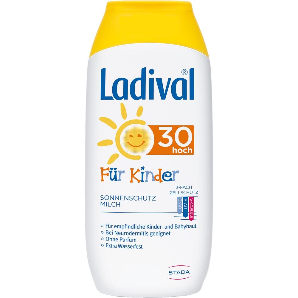 Weiße Flasche mit gelbem Deckel, Sonnencreme für Kinder, LSF 30.