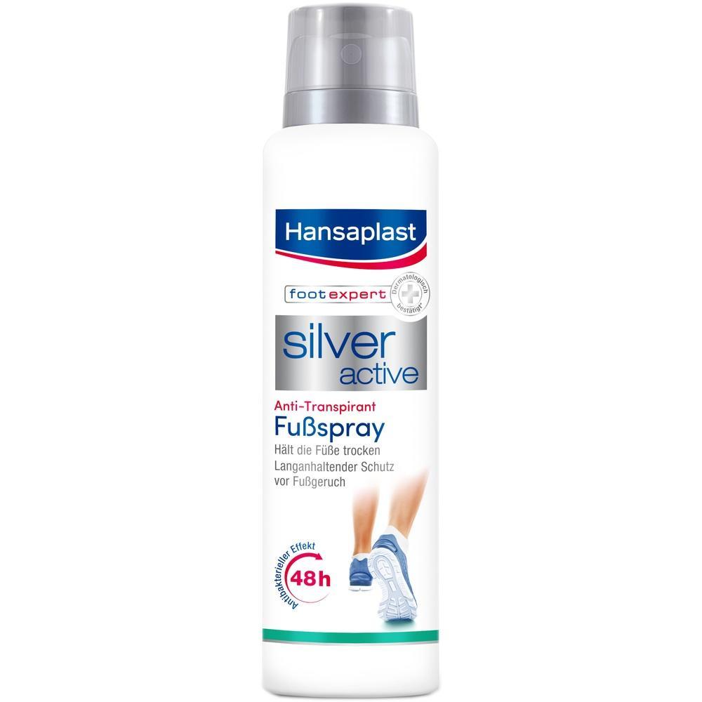 Wei&szlig;e Spr&uuml;hdose von Hansaplast mit der Aufschrift "Silver Active Fu&szlig;spray".