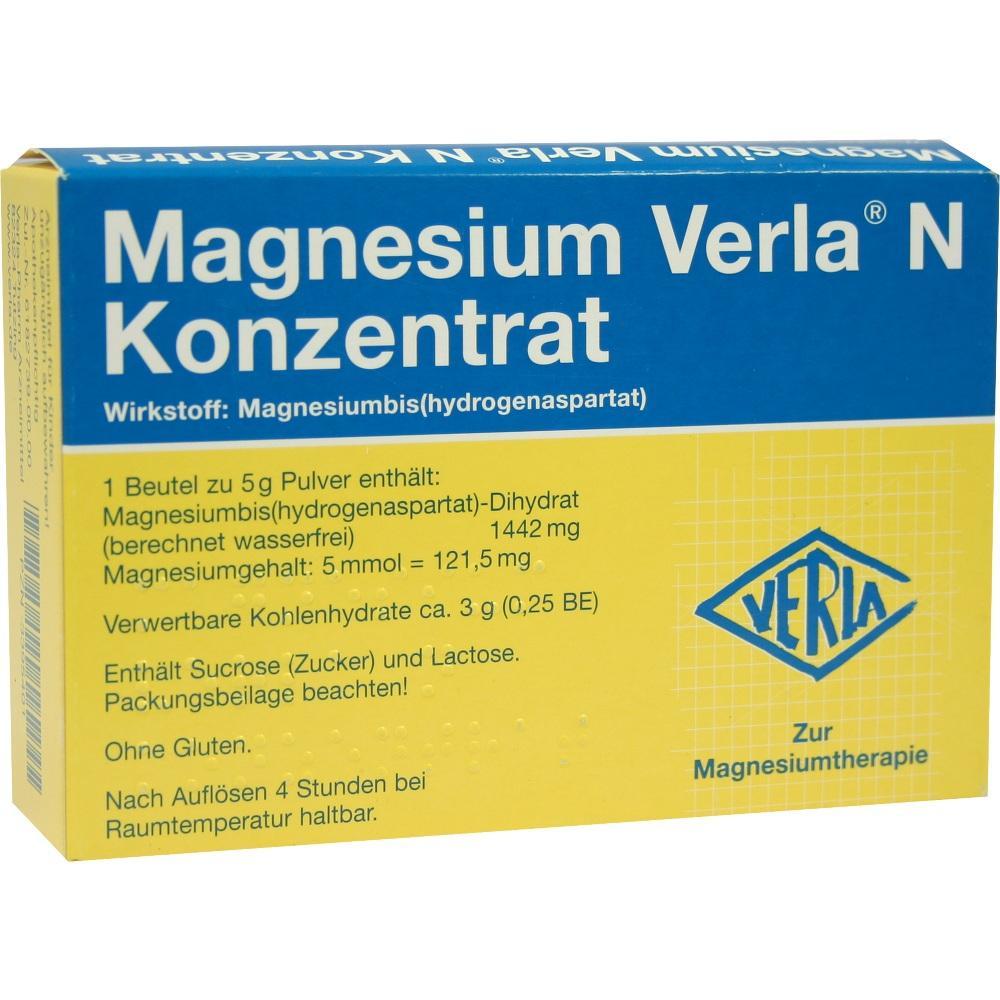 Gelbe und blaue Packung "Magnesium Verla N Konzentrat" f&uuml;r Magnesiumtherapie.