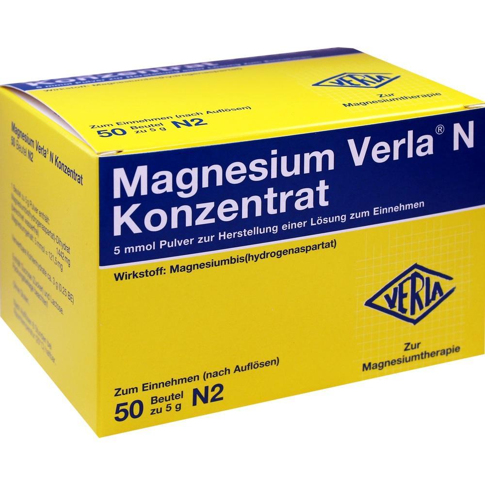 Gelbe Verpackung von Magnesium Verla N Konzentrat mit blauer Schrift.