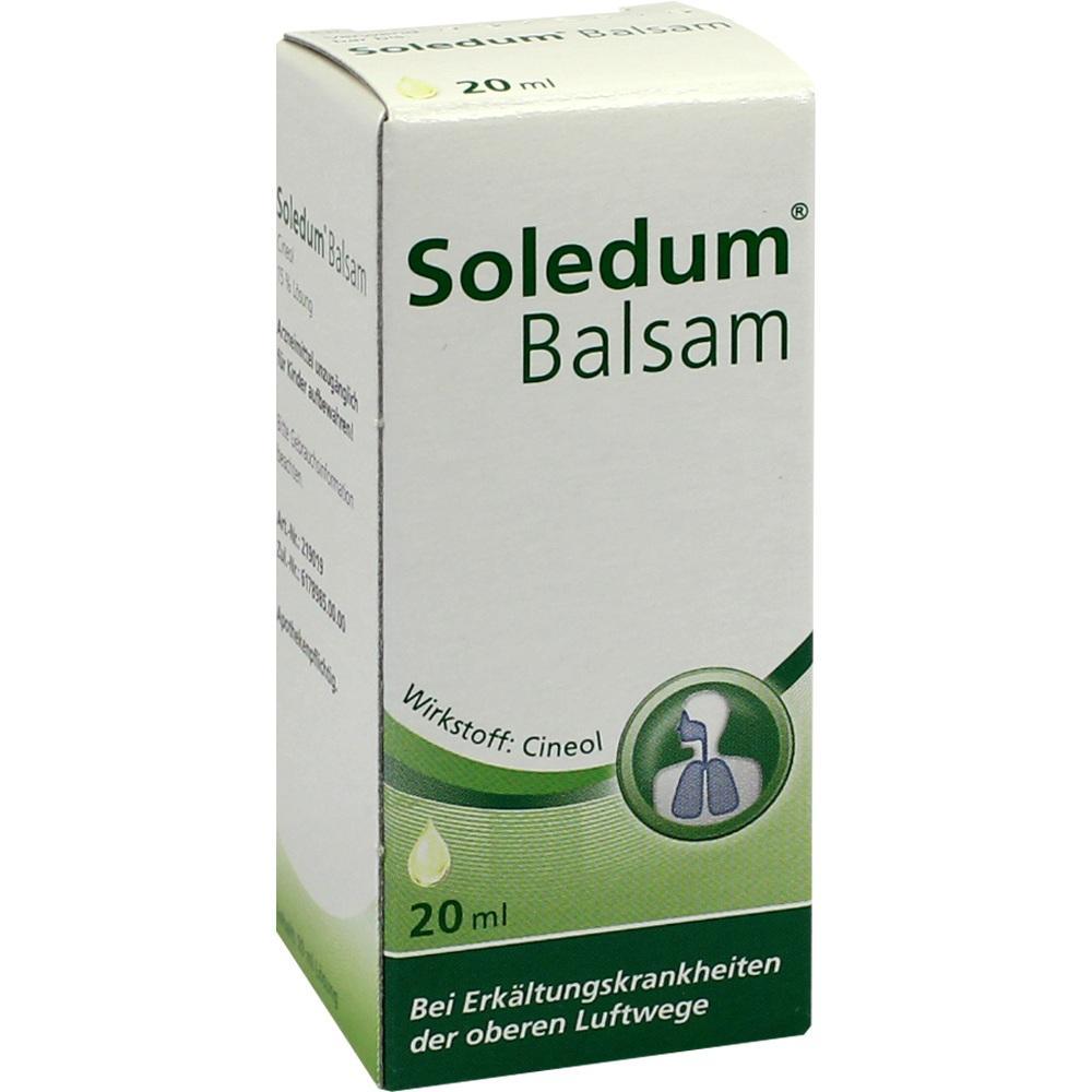 Wei&szlig;e Schachtel mit der Aufschrift "Soledum Balsam" zur Behandlung von Erk&auml;ltungen.