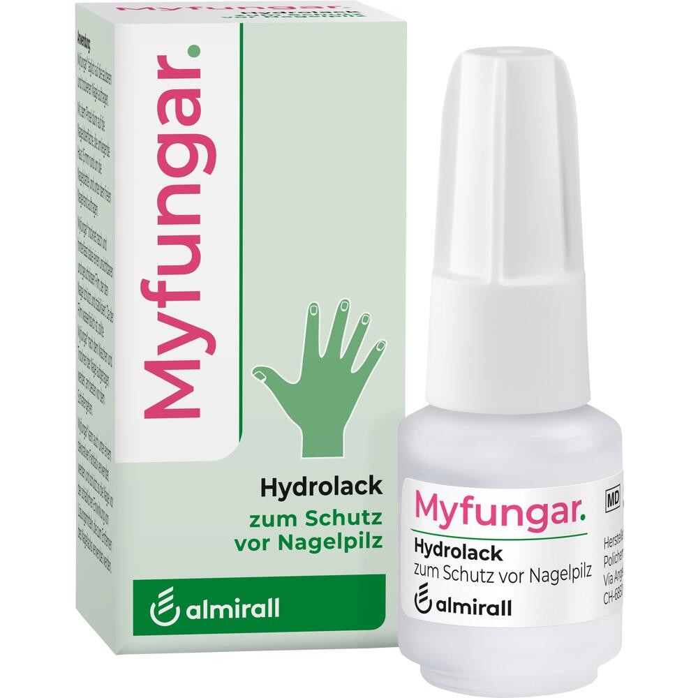 Eine Verpackung und Flasche des Nagellacks "Myfungar" zum Schutz vor Nagelpilz.