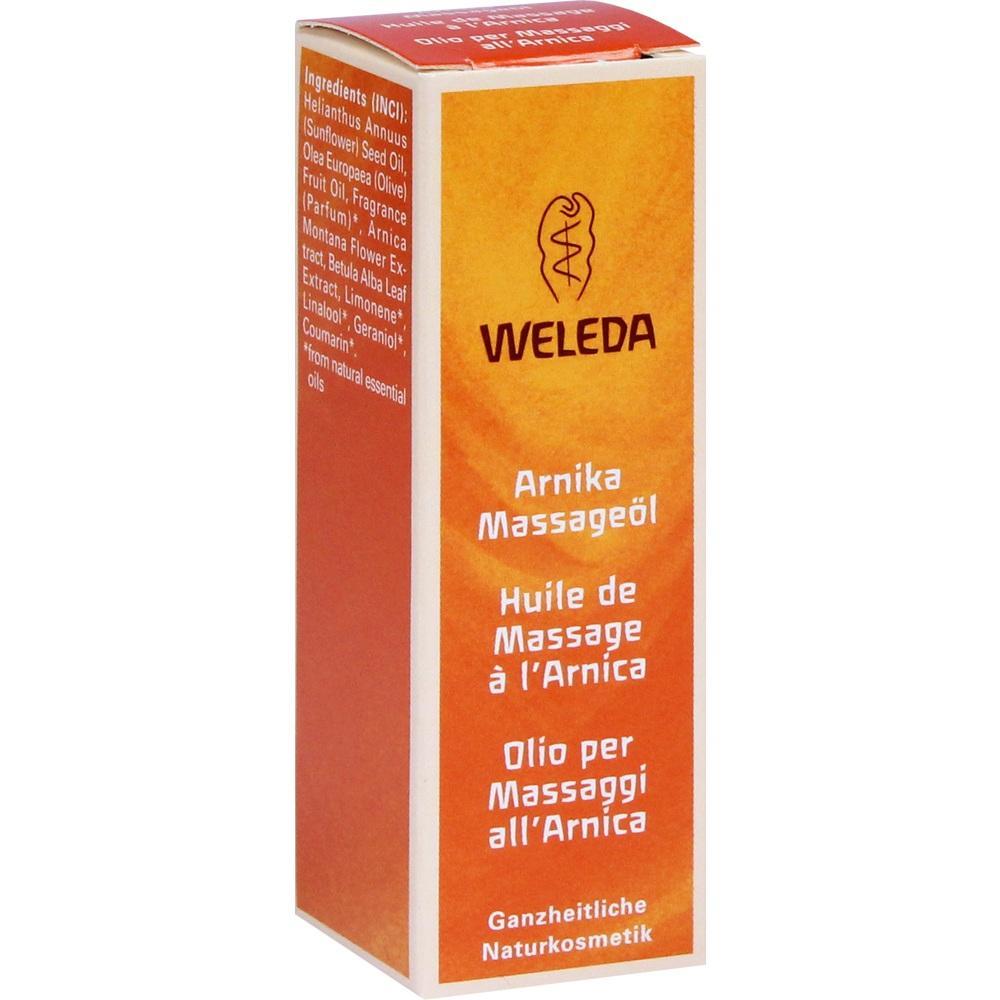 Eine orange Schachtel mit der Aufschrift "Weleda Arnika Massage&ouml;l".