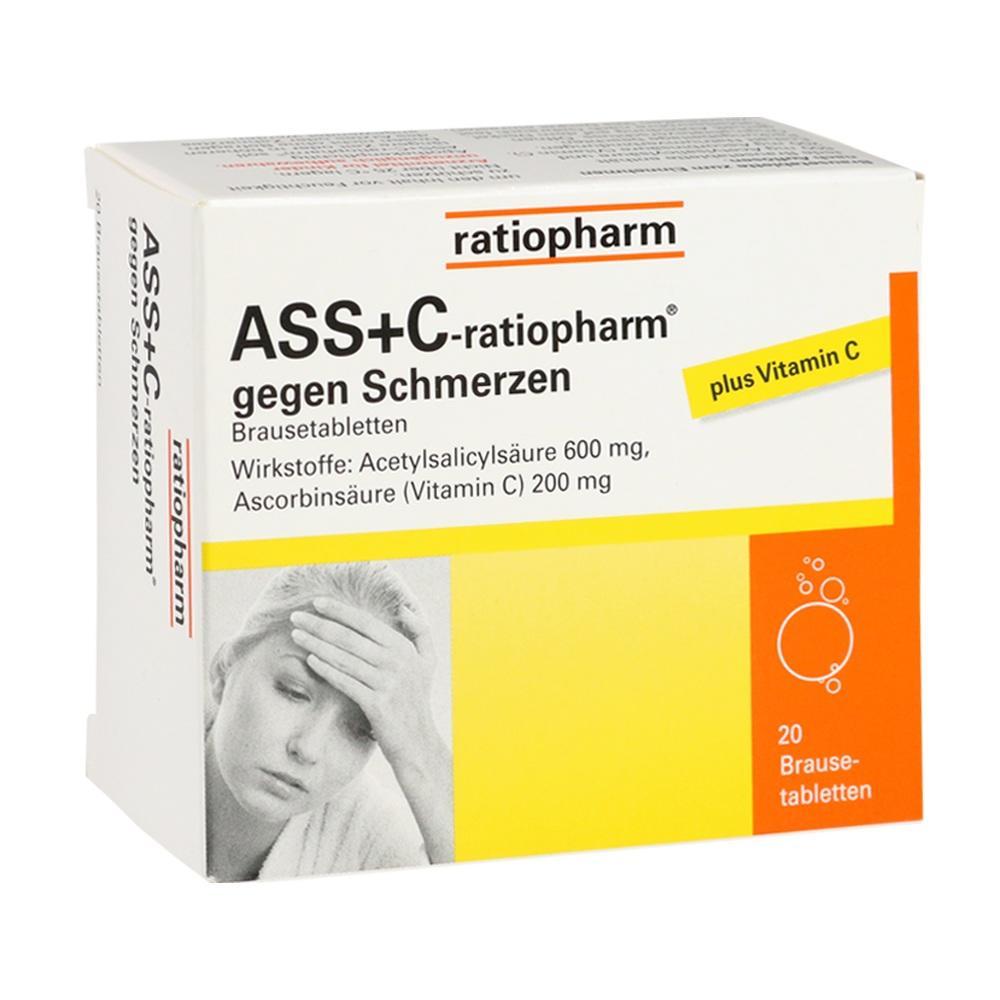 Schachtel mit Schmerztabletten und Vitamin C von Ratiopharm.
