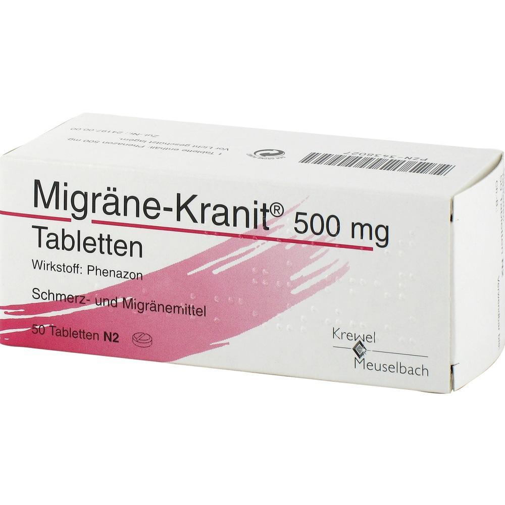 Eine Packung Tabletten gegen Migr&auml;ne mit 500 mg Wirkstoff Phenazon.