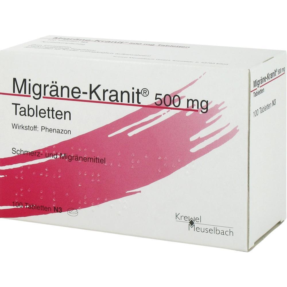 Ein wei&szlig;er Karton mit der Aufschrift "Migr&auml;ne-Kranit 500 mg Tabletten".