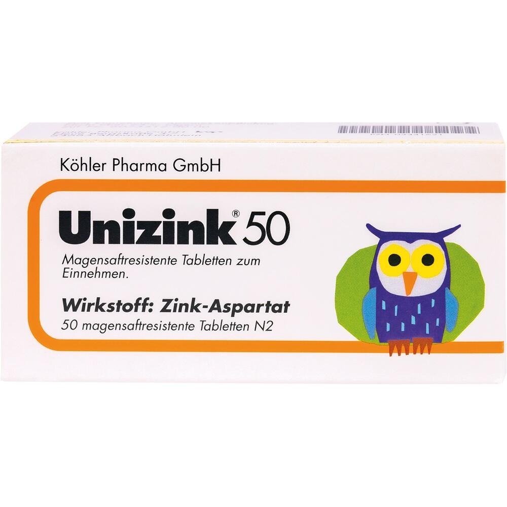 Eine Schachtel Tabletten mit Eulenbild und der Aufschrift "Unizink 50".