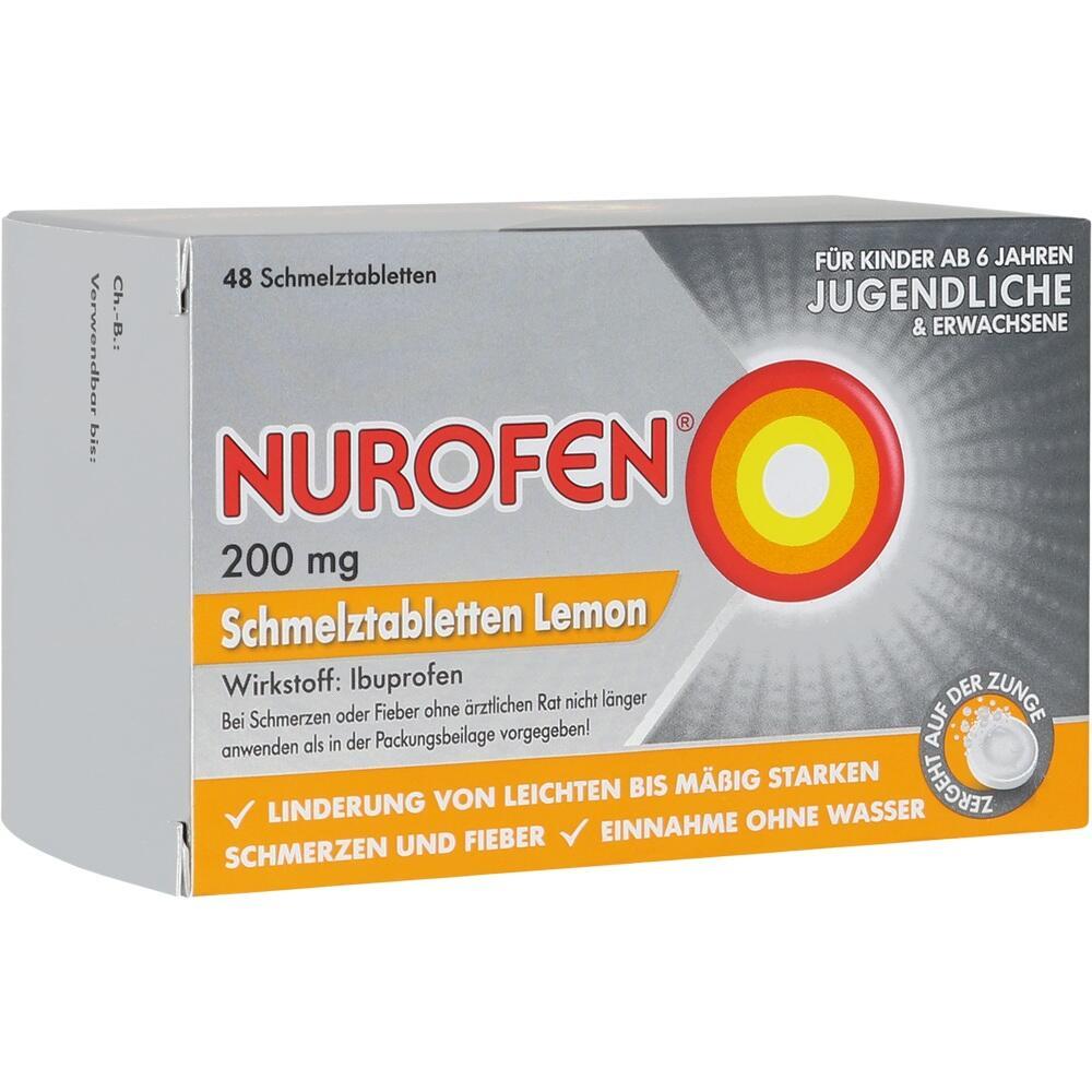 Packung Nurofen Schmelztabletten Lemon, 200 mg, f&uuml;r Schmerzen und Fieber.