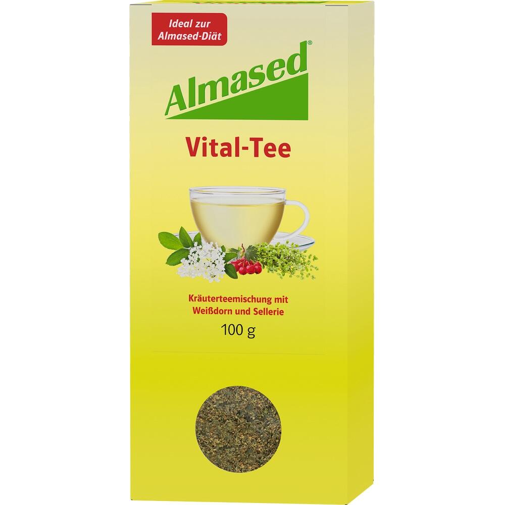 Gelbe Teepackung mit Aufschrift "Almased Vital-Tee" und Bildern von Kr&auml;utern und Tee.
