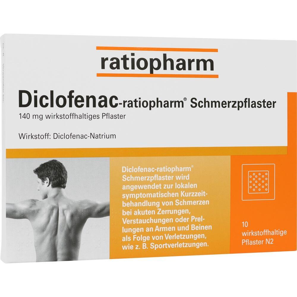 Verpackung eines Diclofenac-Schmerzpflasters von Ratiopharm zur Schmerzbehandlung.