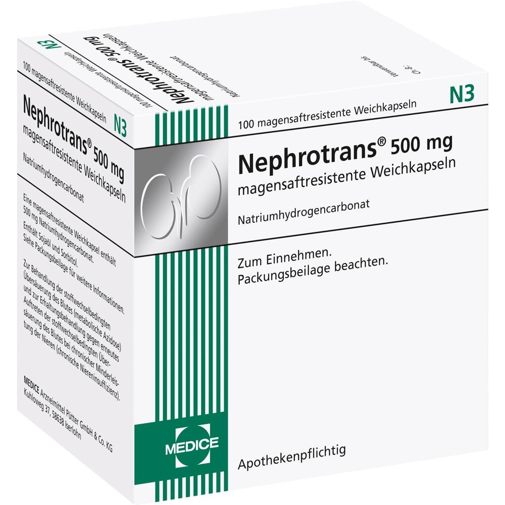 Eine wei&szlig;e Medikamentenverpackung mit der Aufschrift "Nephrotrans 500 mg".