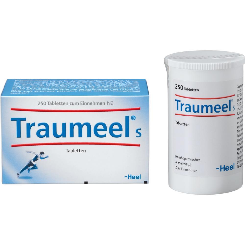 Eine Packung und ein Beh&auml;lter mit Tabletten namens "Traumeel S".