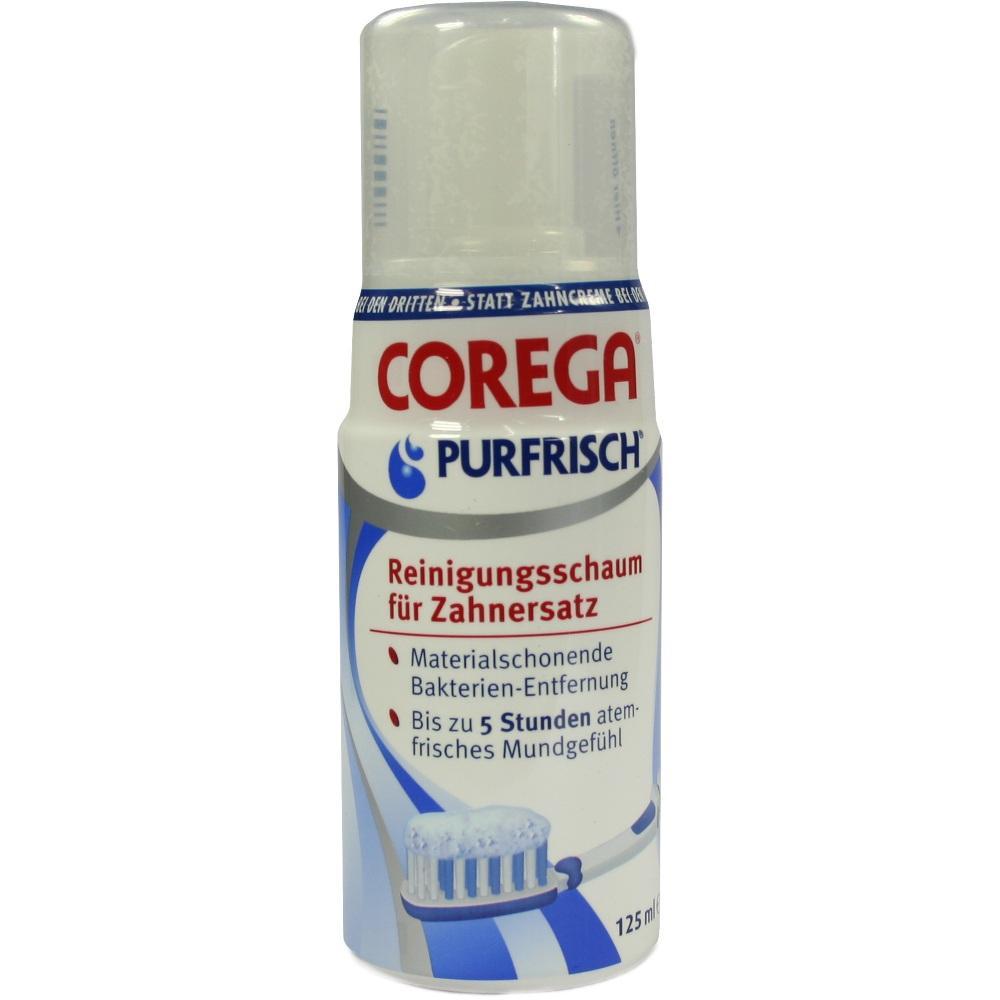 Flasche mit Reinigungsschaum f&uuml;r Zahnersatz von Corega Purfrisch.