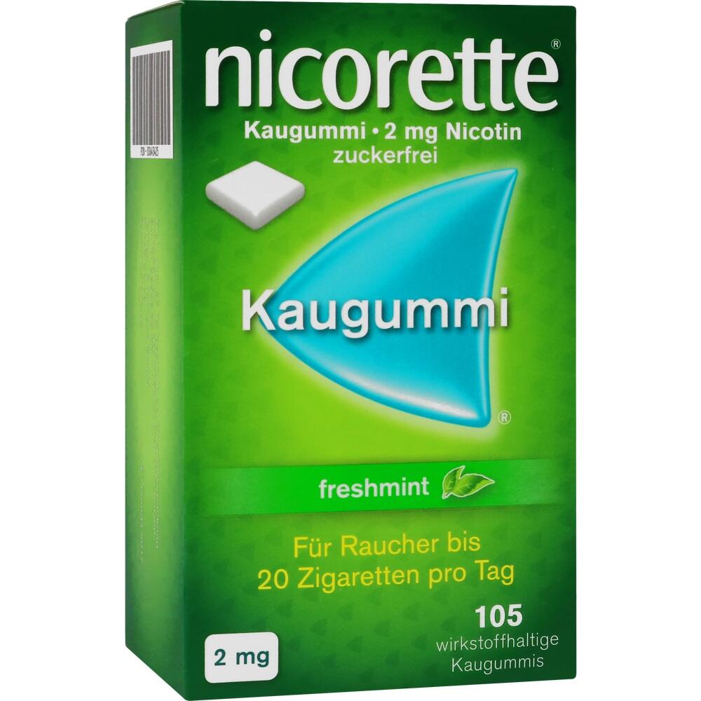 Gr&uuml;ne Packung Nicorette Kaugummis mit 2 mg Nikotin pro St&uuml;ck.