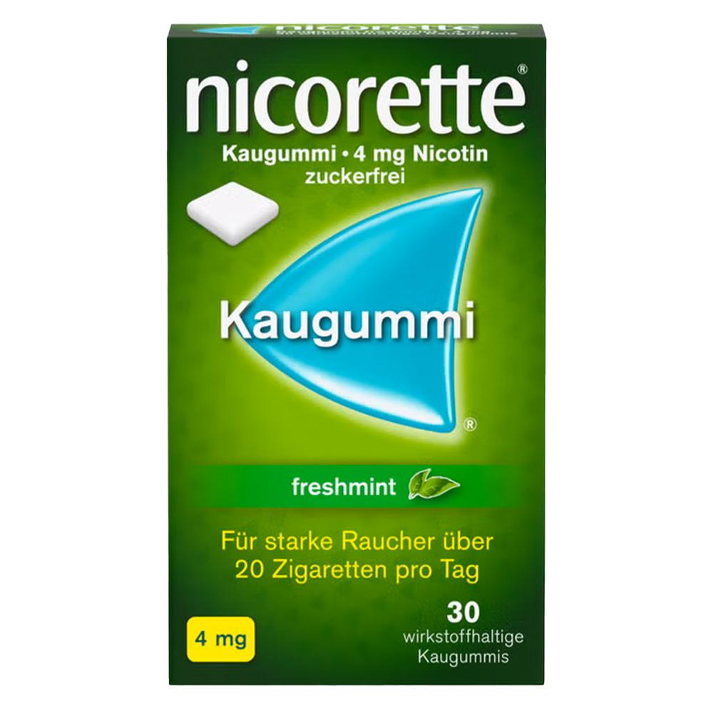 Gr&uuml;ne Packung Nicorette-Kaugummi, 4 mg Nikotin, f&uuml;r starke Raucher, 30 St&uuml;ck.