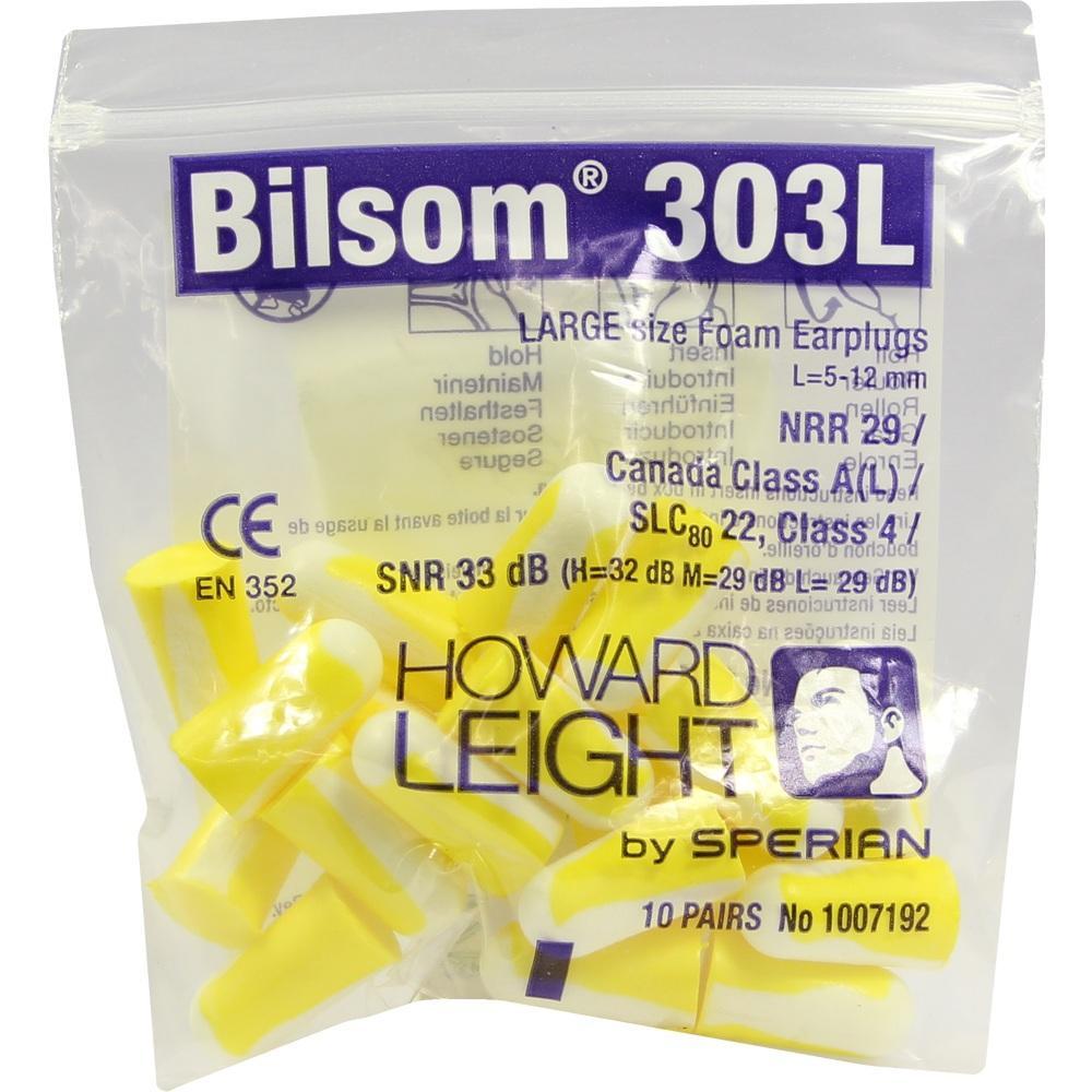 Eine Packung gelber Schaumstoff-Ohrstöpsel mit der Aufschrift "Bilsom 303L".