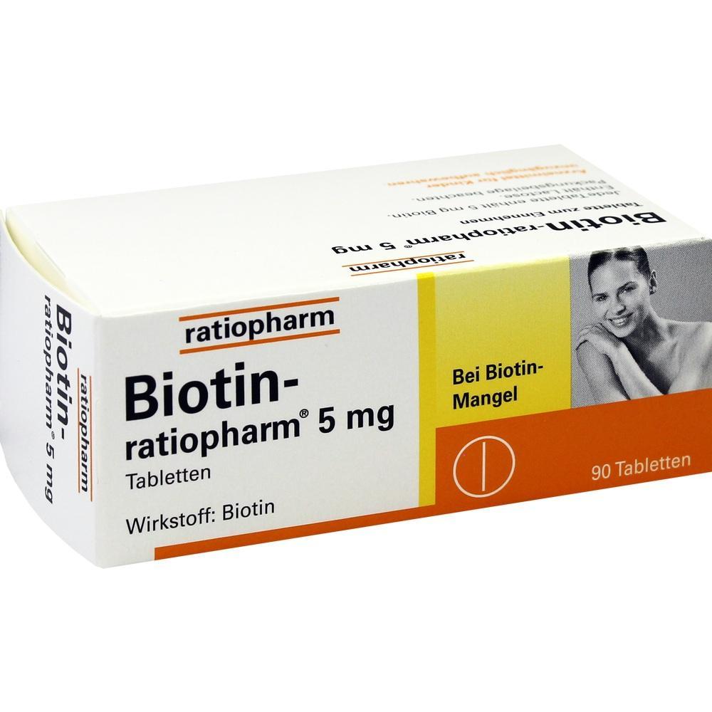 Schachtel Biotin-Tabletten von ratiopharm mit 90 Tabletten bei Biotin-Mangel.