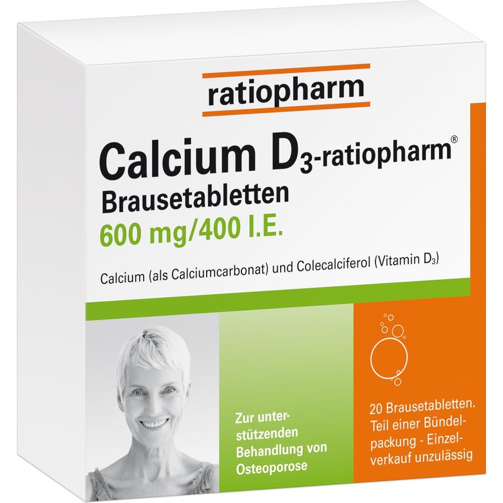 Packung von Calcium D3-ratiopharm Brausetabletten zur Unterst&uuml;tzung bei Osteoporose.