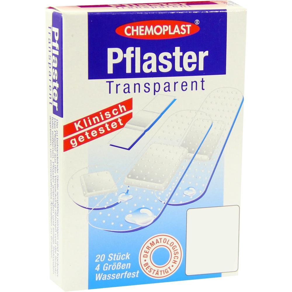 Eine Packung durchsichtiger Pflaster der Marke Chemoplast liegt auf einem Tisch.