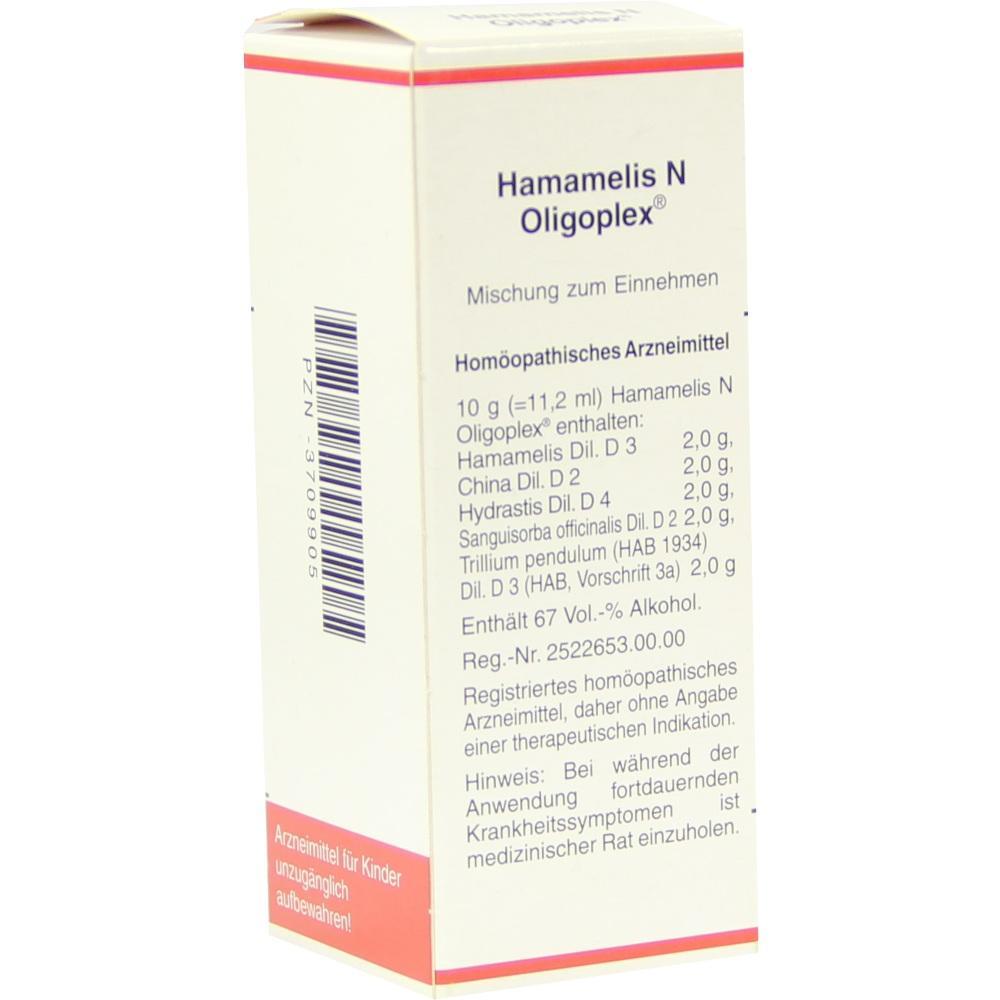 Verpackung eines hom&ouml;opathischen Mittels namens Hamamelis N Oligoplex in Cremefarben.
