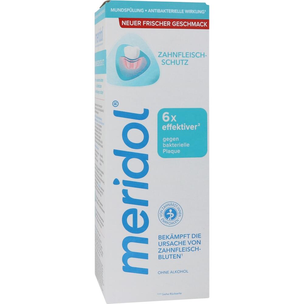 Verpackung einer alkoholgeschützten Mundspülung mit antibakterieller Wirkung für Zahnfleischschutz.