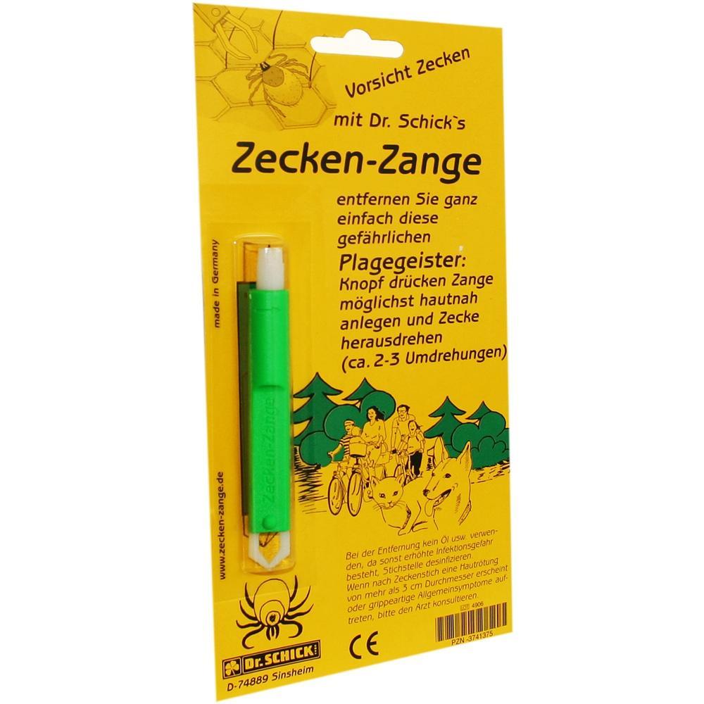 Gelbe Packung mit gr&uuml;ner Zeckenzange, Anleitung zur Zeckenentfernung.