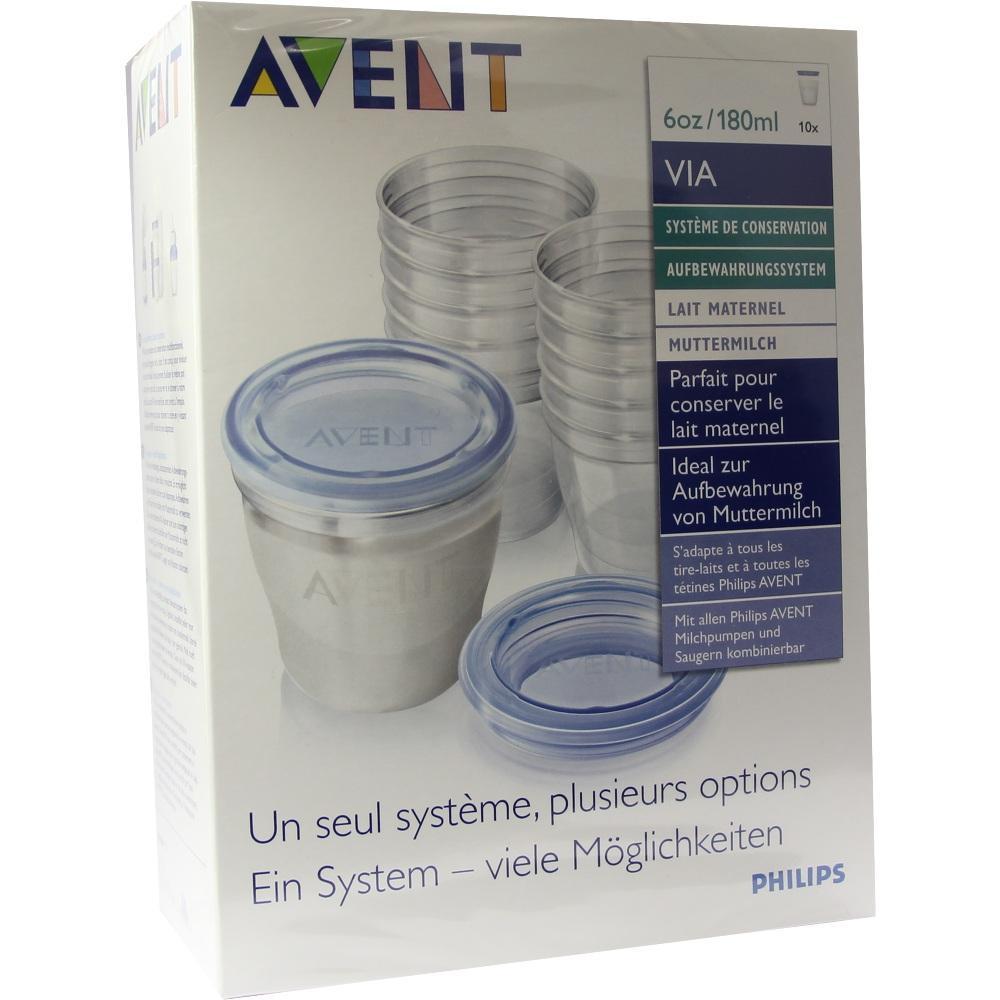 Verpackung von Avent Muttermilchbeh&auml;ltern mit blauen Deckeln.