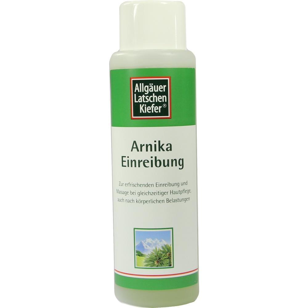 Flasche mit grünem Etikett, darauf steht "Arnika Einreibung" zur Hautpflege.