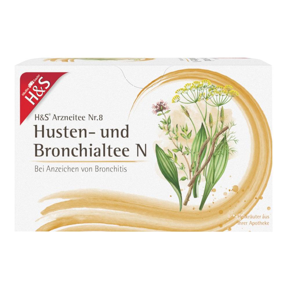 Packung von H&S Husten- und Bronchialtee mit Abbildung von Kräutern.