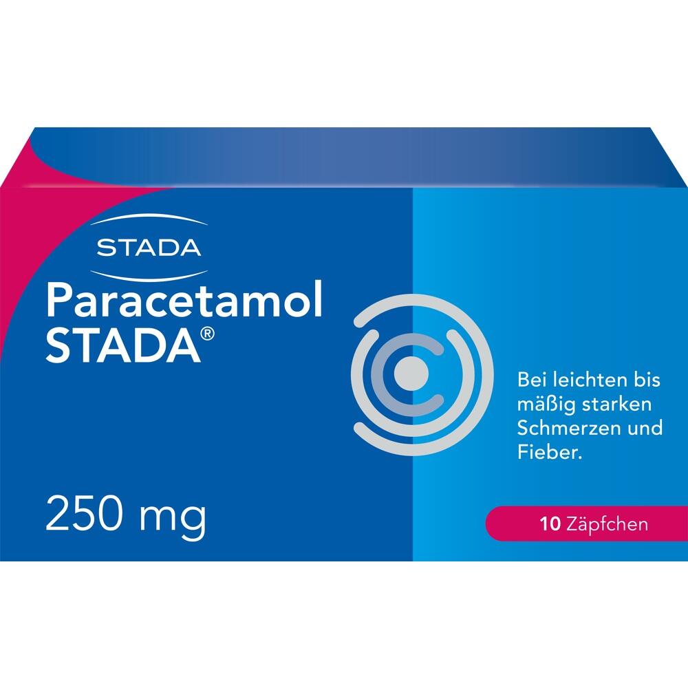 Blaue Packung von Paracetamol Z&auml;pfchen mit 250 mg gegen Schmerzen und Fieber.