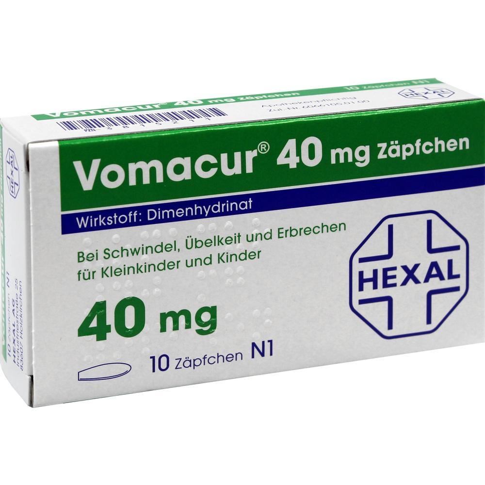 Verpackung von Vomacur 40 mg Z&auml;pfchen gegen &Uuml;belkeit f&uuml;r Kleinkinder und Kinder.