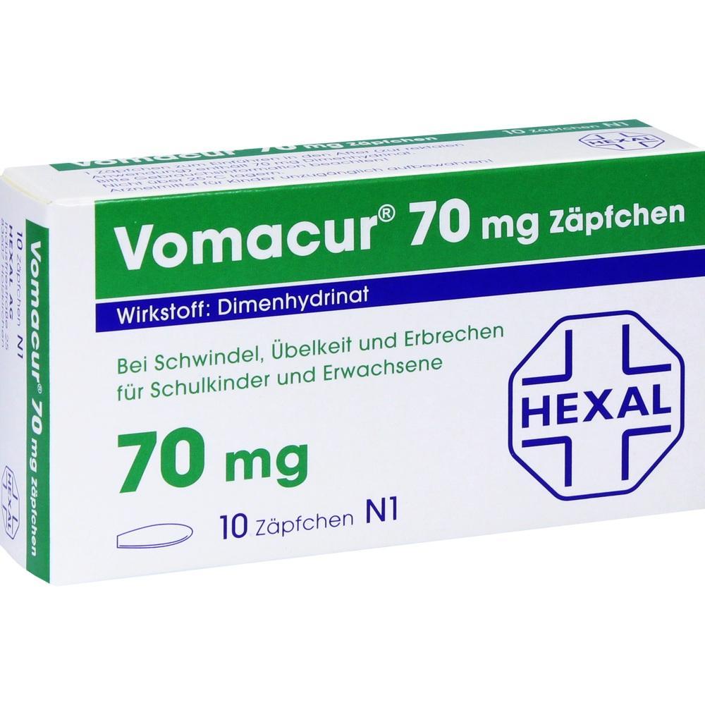 Packung von Vomacur 70 mg Z&auml;pfchen gegen &Uuml;belkeit und Schwindel.