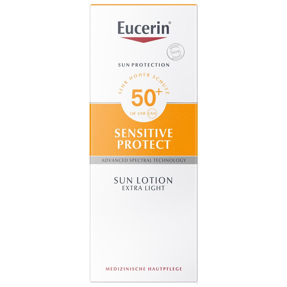 Wei&szlig;e Sonnencreme-Verpackung von Eucerin mit LSF 50+ f&uuml;r empfindliche Haut.