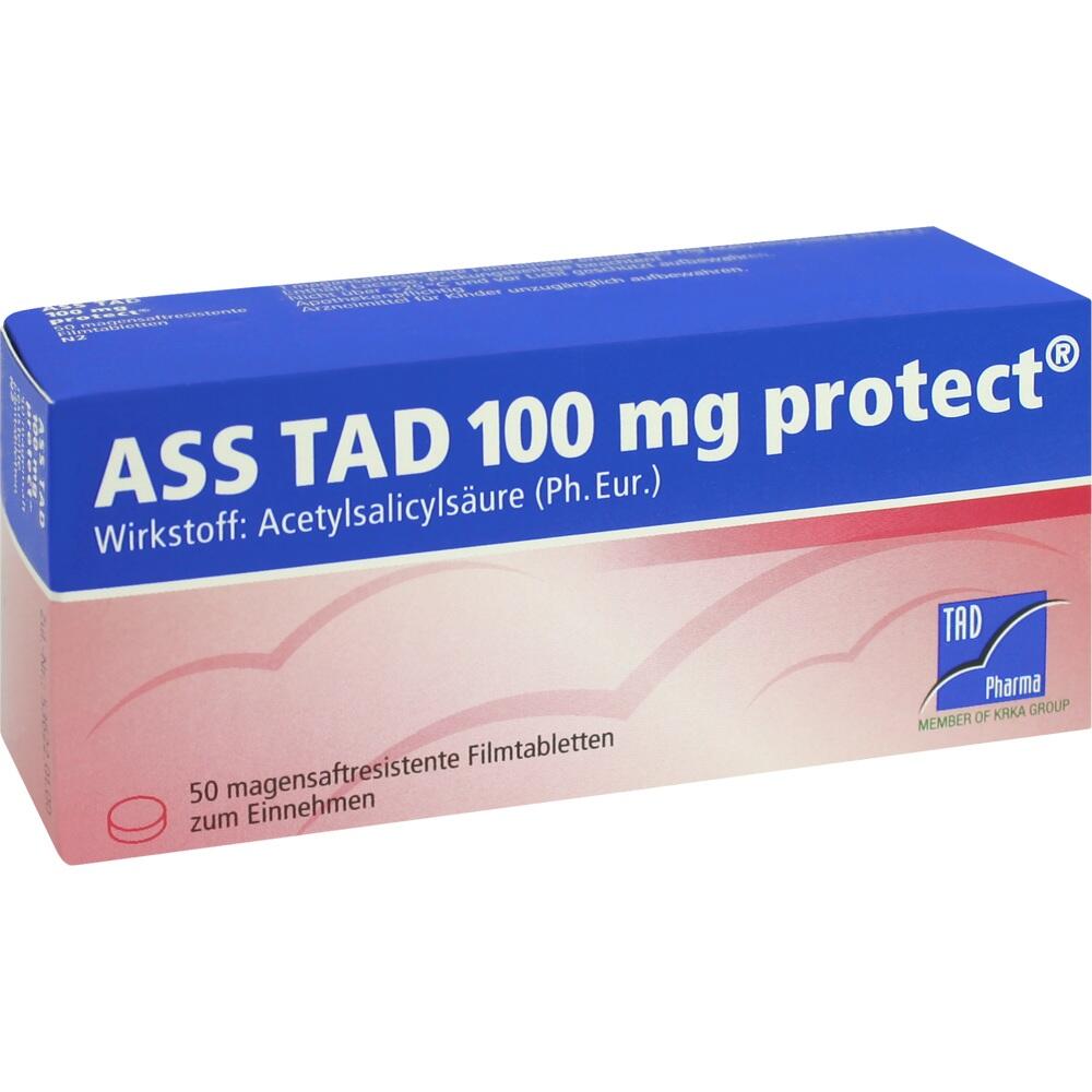 Eine Packung ASS TAD 100 mg Filmtabletten mit Acetylsalicyls&auml;ure.