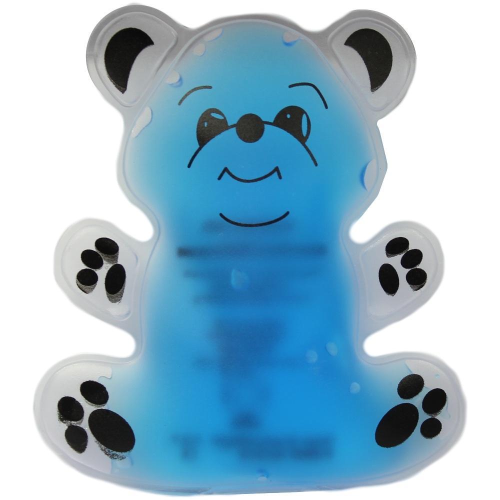 Ein blaues W&auml;rmekissen in Form eines l&auml;chelnden B&auml;ren.