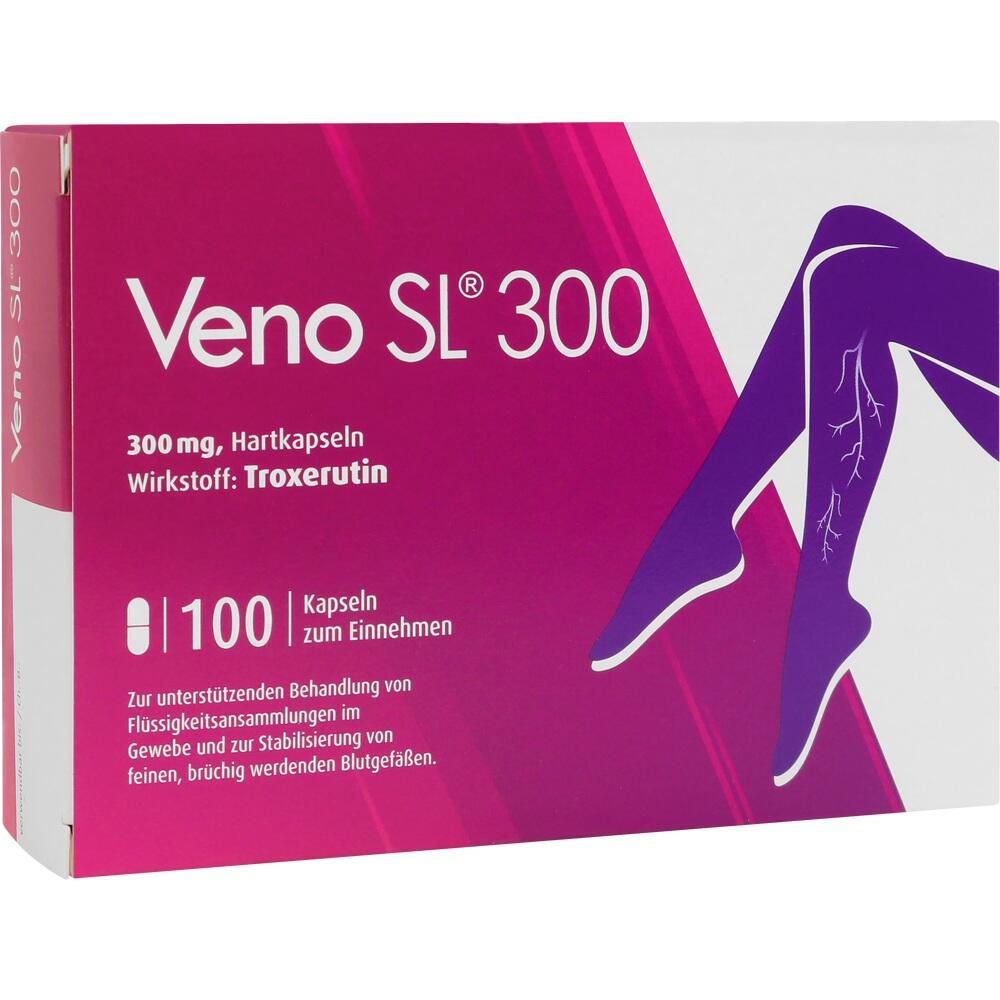 Schachtel mit Veno SL 300 Kapseln gegen Venenbeschwerden, illustriert mit Beinabbildung.