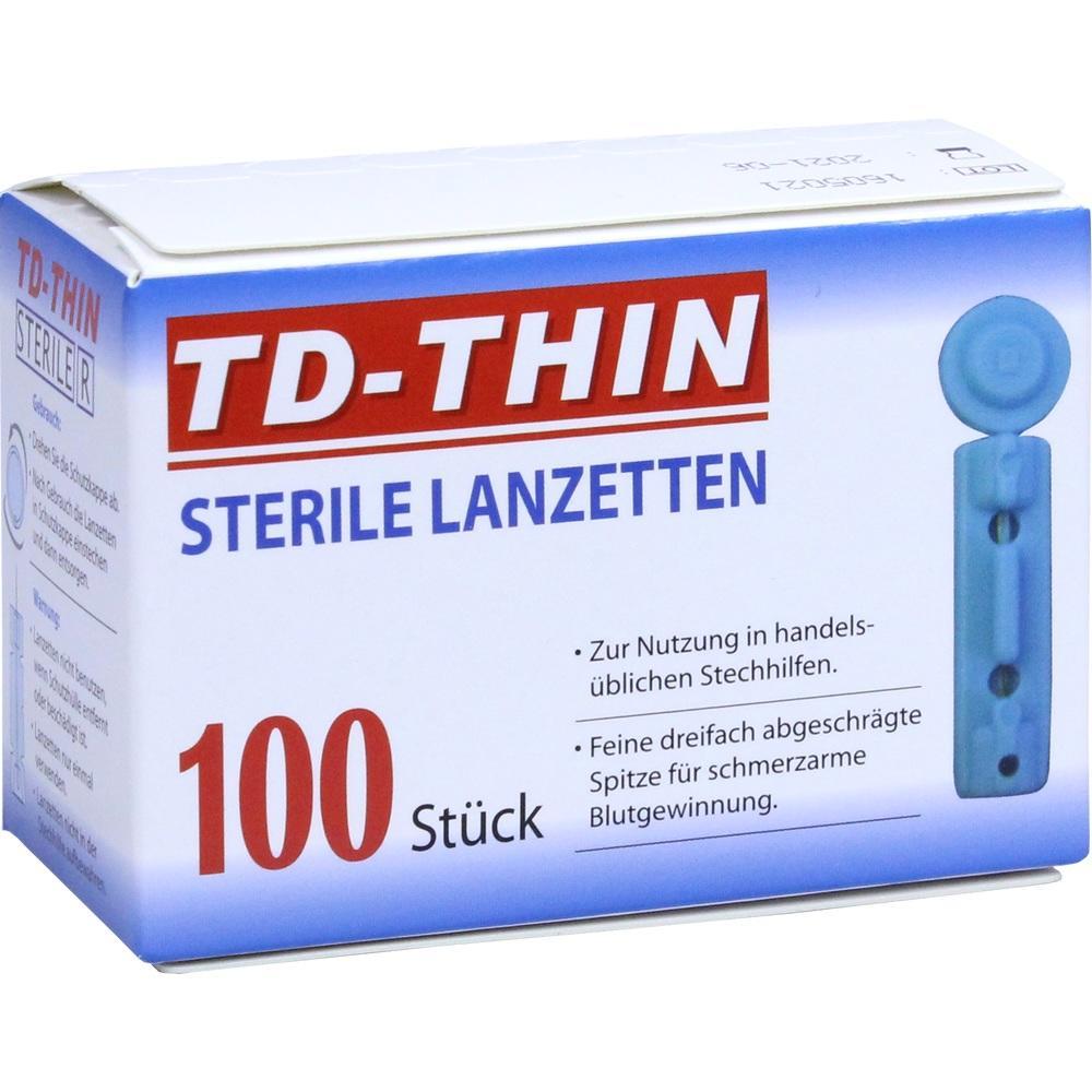 Eine Schachtel mit 100 sterilen Lanzetten f&uuml;r Blutzuckermessung.