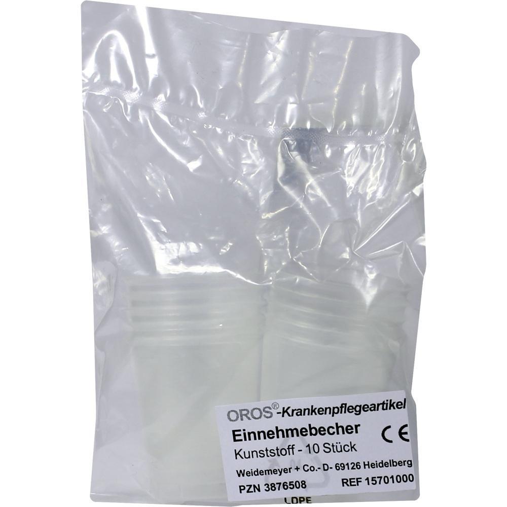 Plastikbecher in einer durchsichtigen Plastikverpackung mit Etikett.