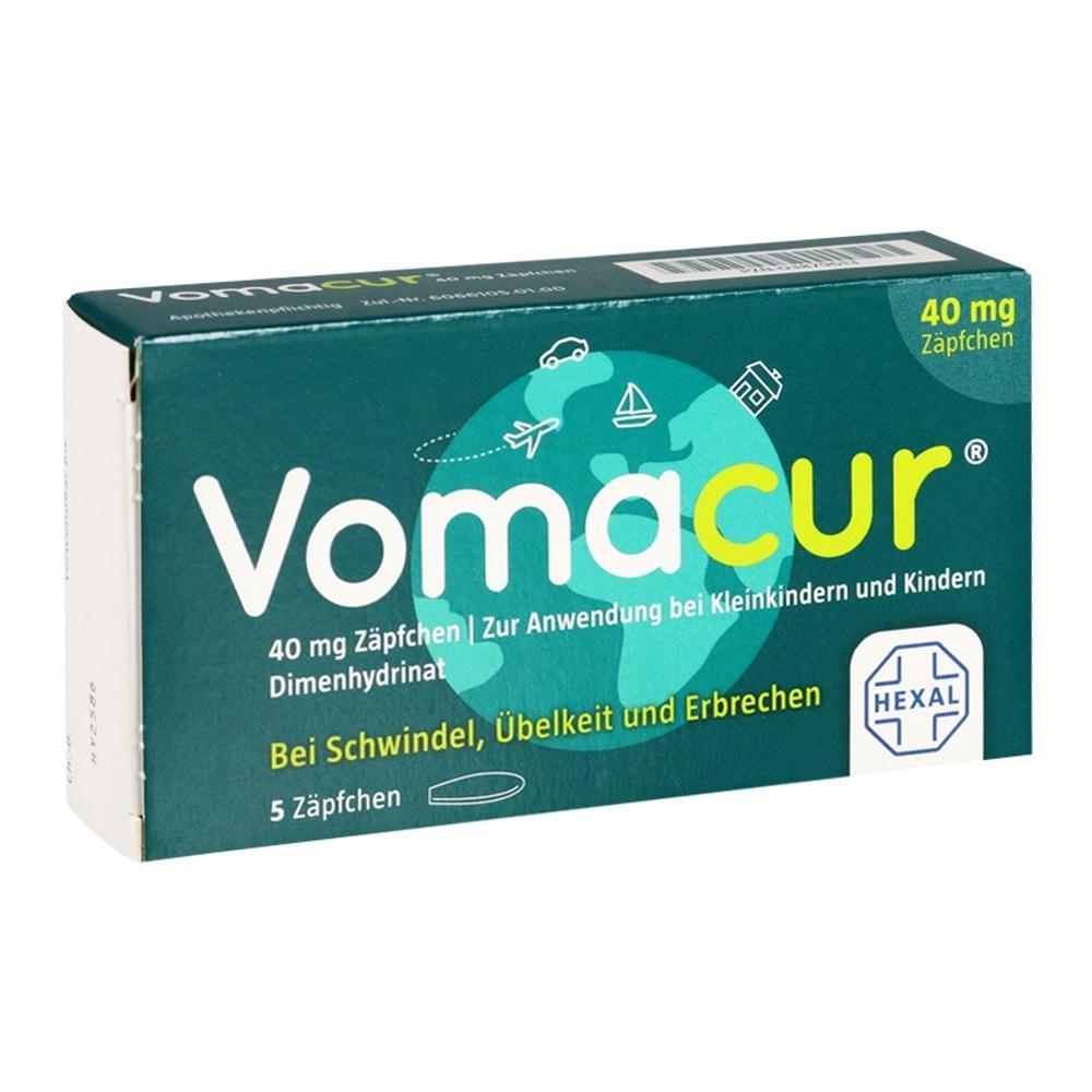 Gr&uuml;ne Verpackung mit der Aufschrift "Vomacur", einem Medikament gegen &Uuml;belkeit.