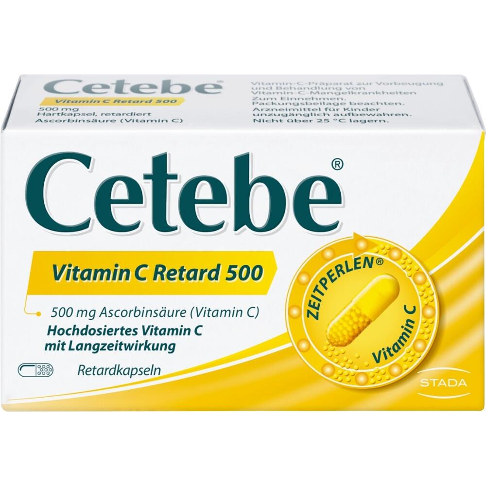Eine Packung Cetebe Vitamin C Retard 500 mit Zeitperlen-Technologie.
