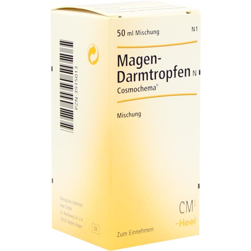 Gelbe Packung mit Magen-Darmtropfen, 50 ml, zum Einnehmen.