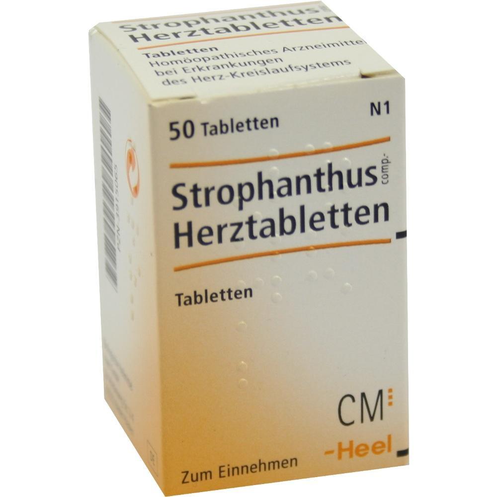 Eine Packung mit 50 Strophanthus Herztabletten zur Einnahme.